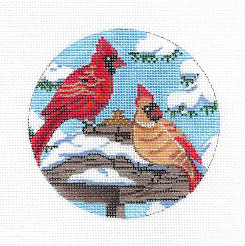 Bird Canvas ~ Pair of Cardinals Feeding handpainted 4" Needlepoint Ornament Canvas by Alice Peterson