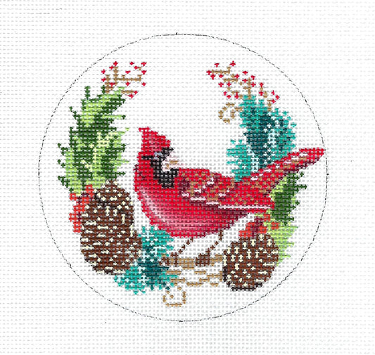 Bird ~ Cardinal with Pine Cones & Holly handpainted 18 mesh Needlepoint Canvas by Alice Peterson