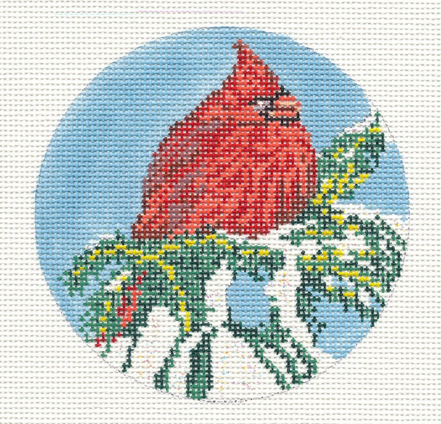 Bird Round ~ Red Cardinal Bird 4" Ornament handpainted Needlepoint Canvas by Needle Crossings