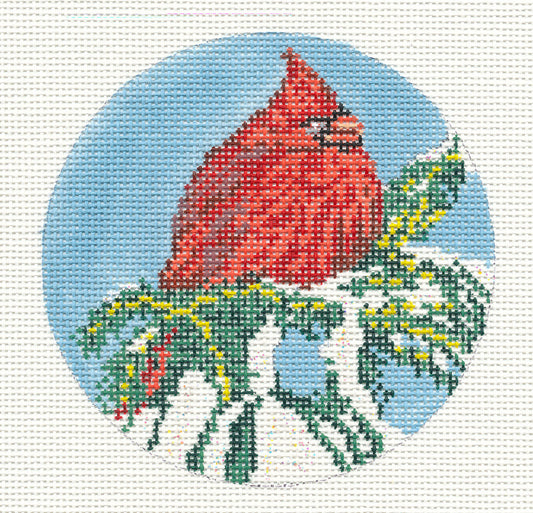 Bird Round ~ Red Cardinal Bird 4" Ornament handpainted Needlepoint Canvas by Needle Crossings