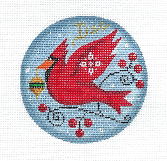 Bird Canvas ~ CARDINAL for the Month of DECEMBER handpainted Needlepoint Canvas by Rebecca Wood