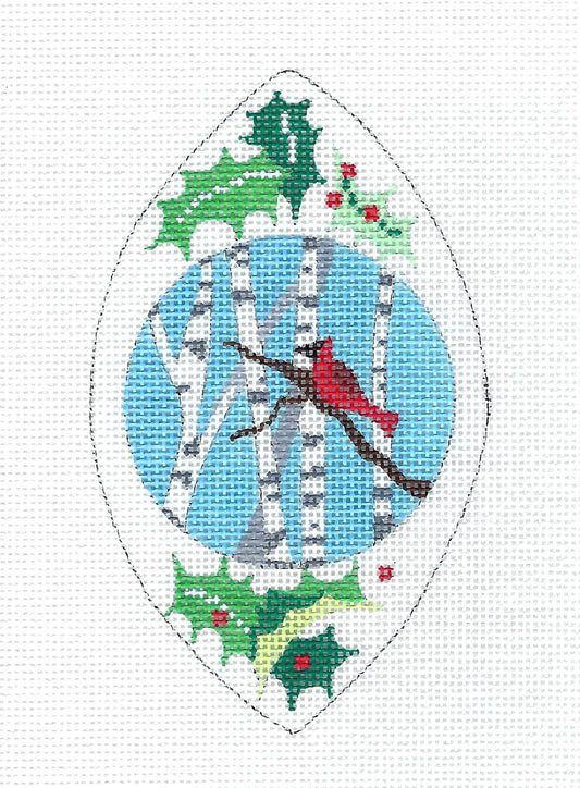 Bird ~ Cardinal in Birch Trees Medallion Ornament handpainted Needlepoint Canvas by MM Designs