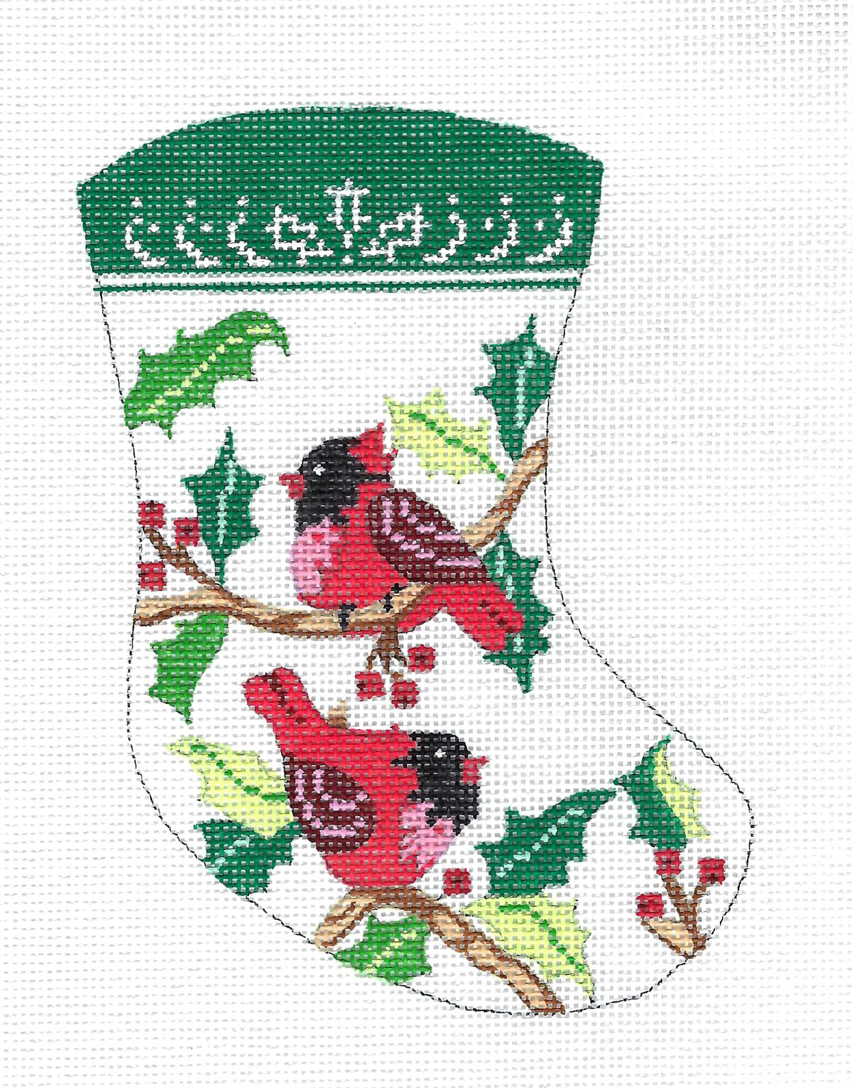 Christmas ~ 2 Cardinals in Holly Mini Stocking Ornament handpainted Needlepoint Canvas by MM Designs