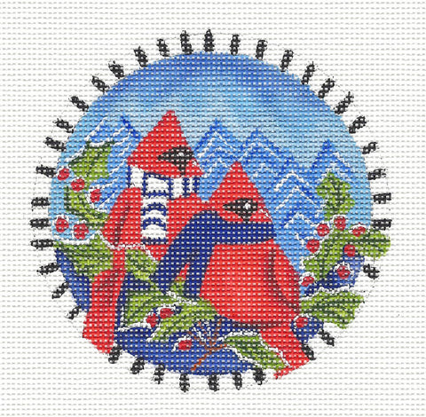 Bird ~ Winter Cardinals Wearing Scarfs in Holly on handpainted 18 mesh Needlepoint Canvas Ornament by Lainey Daniels from Danji