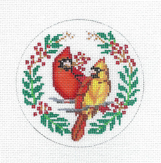 Bird ~ 2 Cardinals in a Wreath handpainted 18 mesh Needlepoint Canvas by Alice Peterson