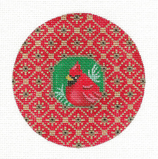 Bird Round ~ Cardinal Bird on a Tapestry Background handpainted Needlepoint Canvas Amanda Lawford
