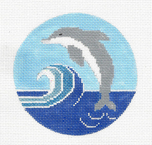 Round ~ Dolphin Riding a Wave 4" Ornament on Handpainted Needlepoint Canvas by C. Saunders from Danji