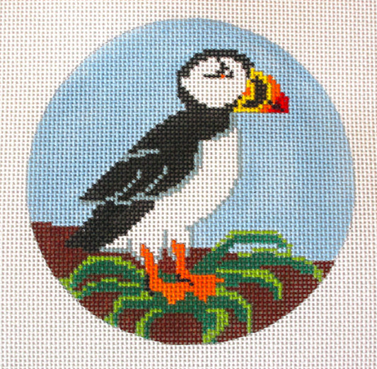 Round ~ Puffin 4.5" handpainted Needlepoint Canvas Ornament by Danji Designs