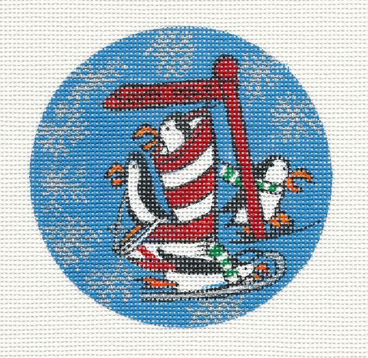 Round ~ 4 South Pole Sports Penguins 4" Ornament on Handpainted Needlepoint Canvas by Danji Designs
