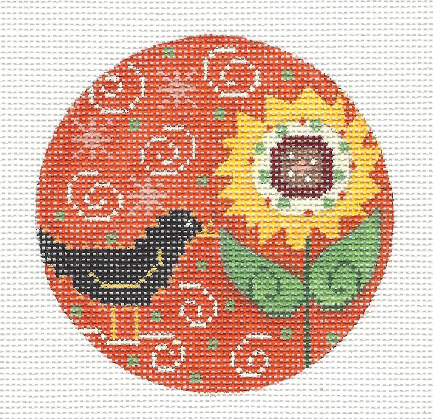 Round ~ Black Crow and Sunflower 3.5" Ornament on handpainted Needlepoint Canvas by CH Designs from Danji