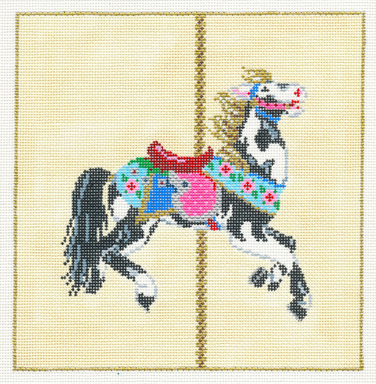 Black and White Fancy Carousel Horse handpainted Needlepoint Canvas by Sandra Gilmore