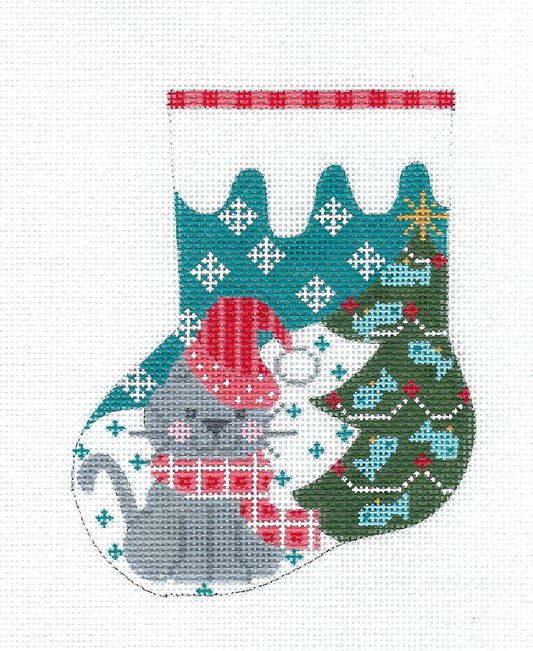 Mini Stocking ~ Kitty Cat in Hat & Scarf by Tree on handpainted Needlepoint Canvas by CH Designs from Danji