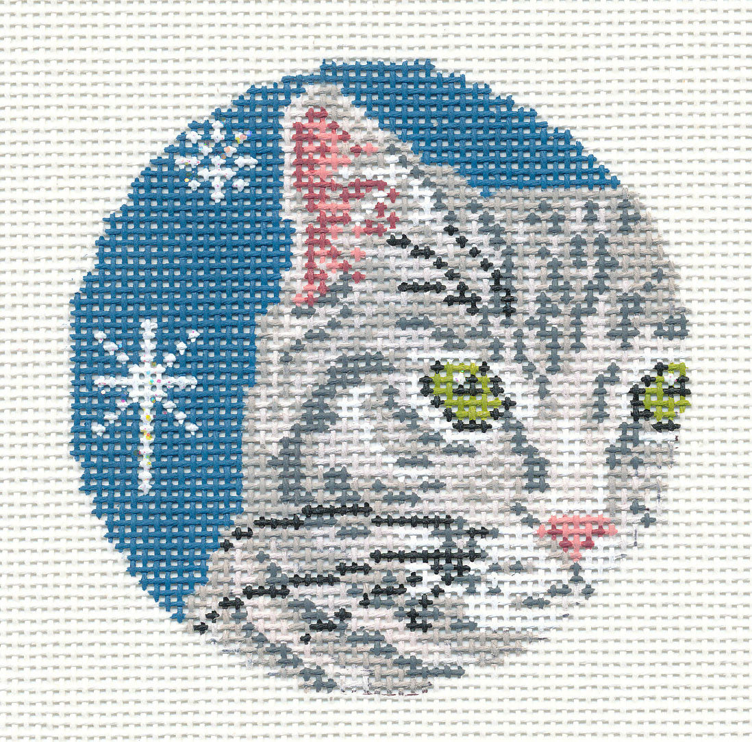 Cat Round ~ Gray Tabby Cat Face 3" Ornament handpainted 18 mesh Needlepoint Canvas by Needle Crossings