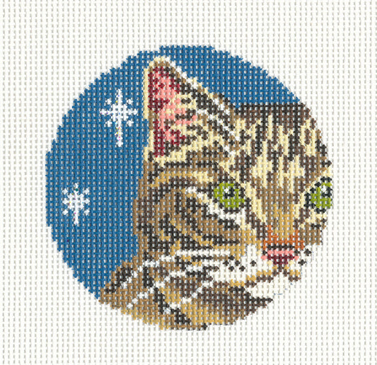 Cat Round ~ Chocolate Tabby Cat Face 3" Ornament 18 Mesh handpainted Needlepoint Canvas by Needle Crossings