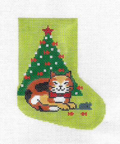 Mini Stocking ~ Calico Kitty, Mouse & Fishy Tree Mini Stocking on HP Needlepoint Canvas Ornament by LEE **RETIRED**
