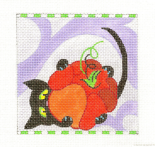 Cat ~ Black Cat with a Pumpkin Halloween handpainted Needlepoint Canvas by Kamala from Juliemar