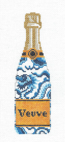 "Veuve" Champagne Bottle in Chinoiserie Blue Dragon handpainted Needlepoint Canvas by C'ate La Vie