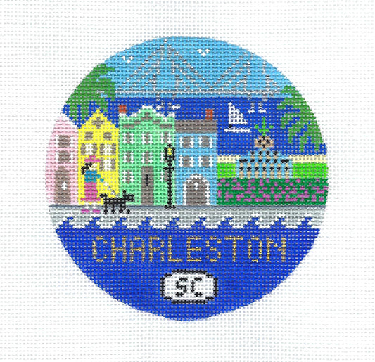 Travel Round ~ Charleston, South Carolina  handpainted Needlepoint canvas 4" Rd. Ornament by Doolittle