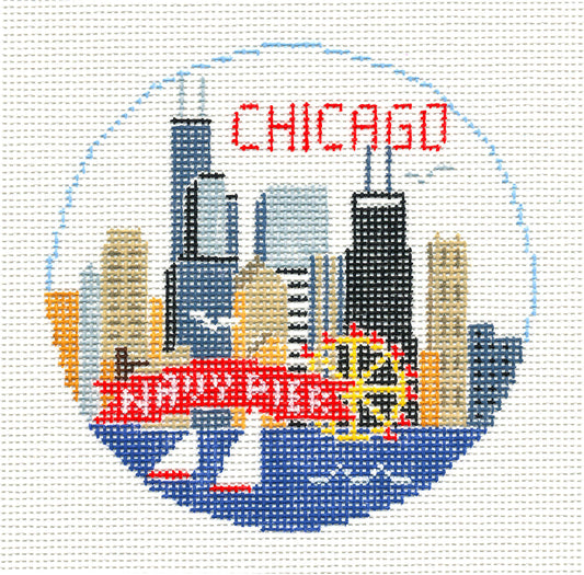 Travel Round ~ CHICAGO, ILLINOIS handpainted 4" Needlepoint Canvas by Kathy Schenkel