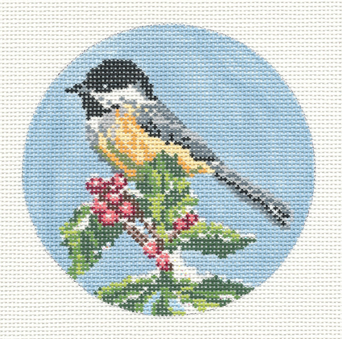 Bird Round ~ Chickadee Bird Ornament handpainted 4" Needlepoint Canvas by Needle Crossings