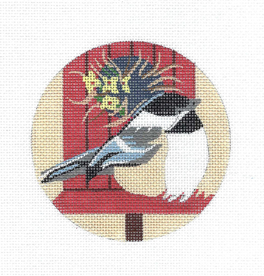 Bird Round ~ Chickadee Bird & Birdhouse 18 mesh Handpainted 4" Round Needlepoint Canvas by Melissa Prince