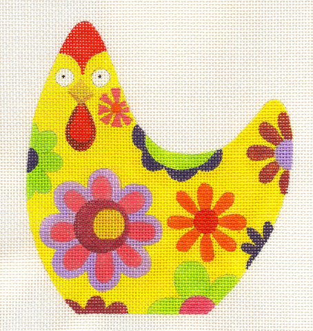 Bird Canvas ~ Sunny Yellow Floral Chicken Hen handpainted Needlepoint Canvas Raymond Crawford