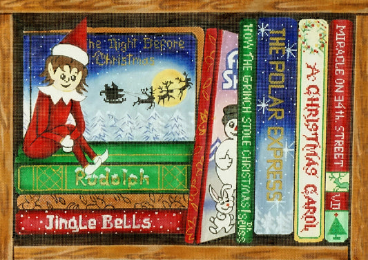 Christmas ~ Christmas Book Shelf "Night Before Christmas" LG. handpainted 18 mesh Needlepoint Canvas by Alice Peterson