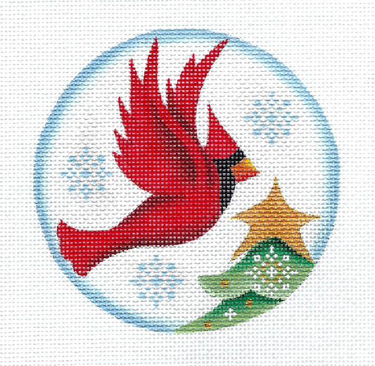 Bird ~ Cardinal Flying above a Tree with a Star 4" Rd. handpainted 18 Mesh Needlepoint Canvas by Rebecca Wood