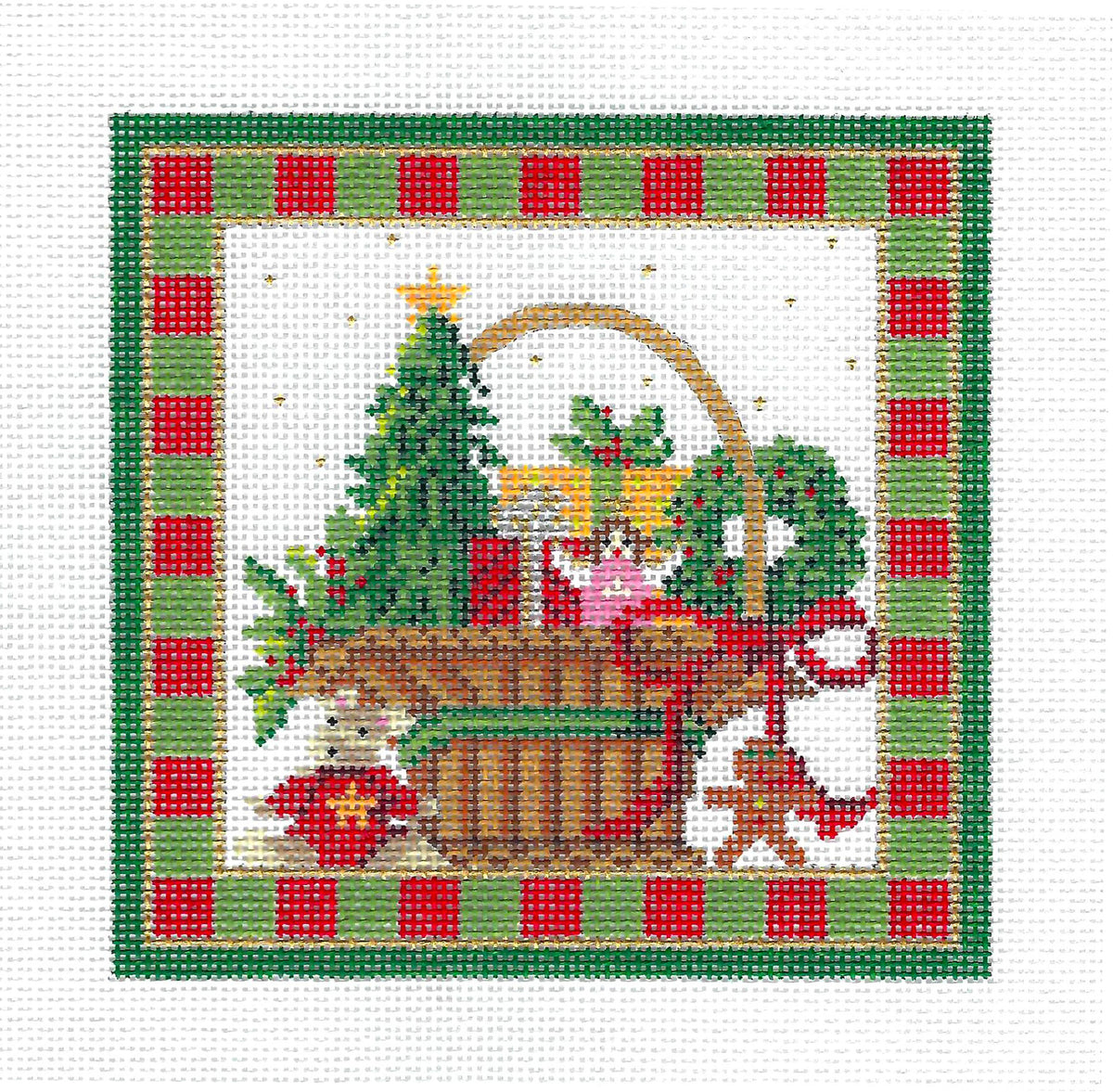 Christmas ~ Christmas Basket of the MONTH for DECEMBER Celebration Canvas 5" Sq. handpainted 18 Mesh Needlepoint Canvas by Kelly Clark