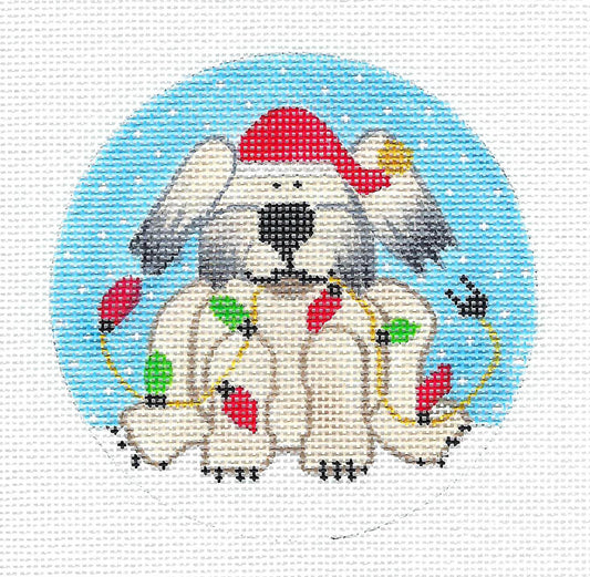 Christmas ~ Santa Dog with Holiday Lights 4" Rd. Needlepoint Ornament handpainted by DC Designs A. Lawford