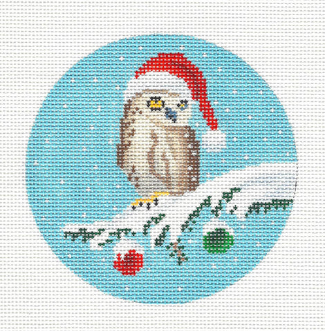 Bird Canvas ~ "Christmas Owl in Santa Hat" handpainted Needlepoint Canvas by Scott Church