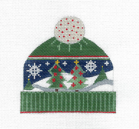 Stocking Cap with Trees in Snow handpainted Needlepoint Ornament Canvas by CH Designs from Danji