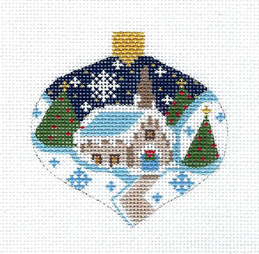 Bauble ~ Church in Snow with Pine Trees Bauble Ornament handpainted Canvas by Danji Designs