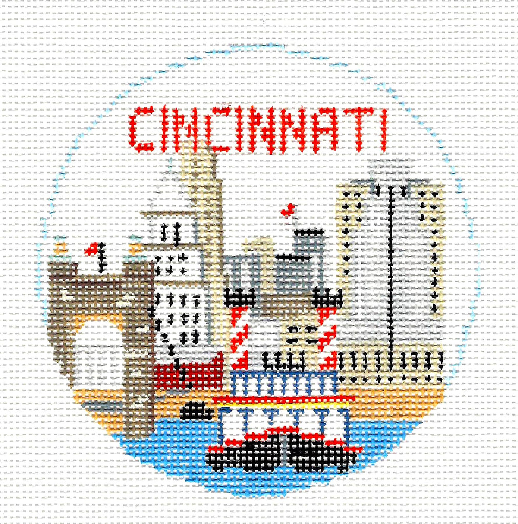 Travel Round CINCINNATI, OHIO handpainted 4" Needlepoint Canvas by K