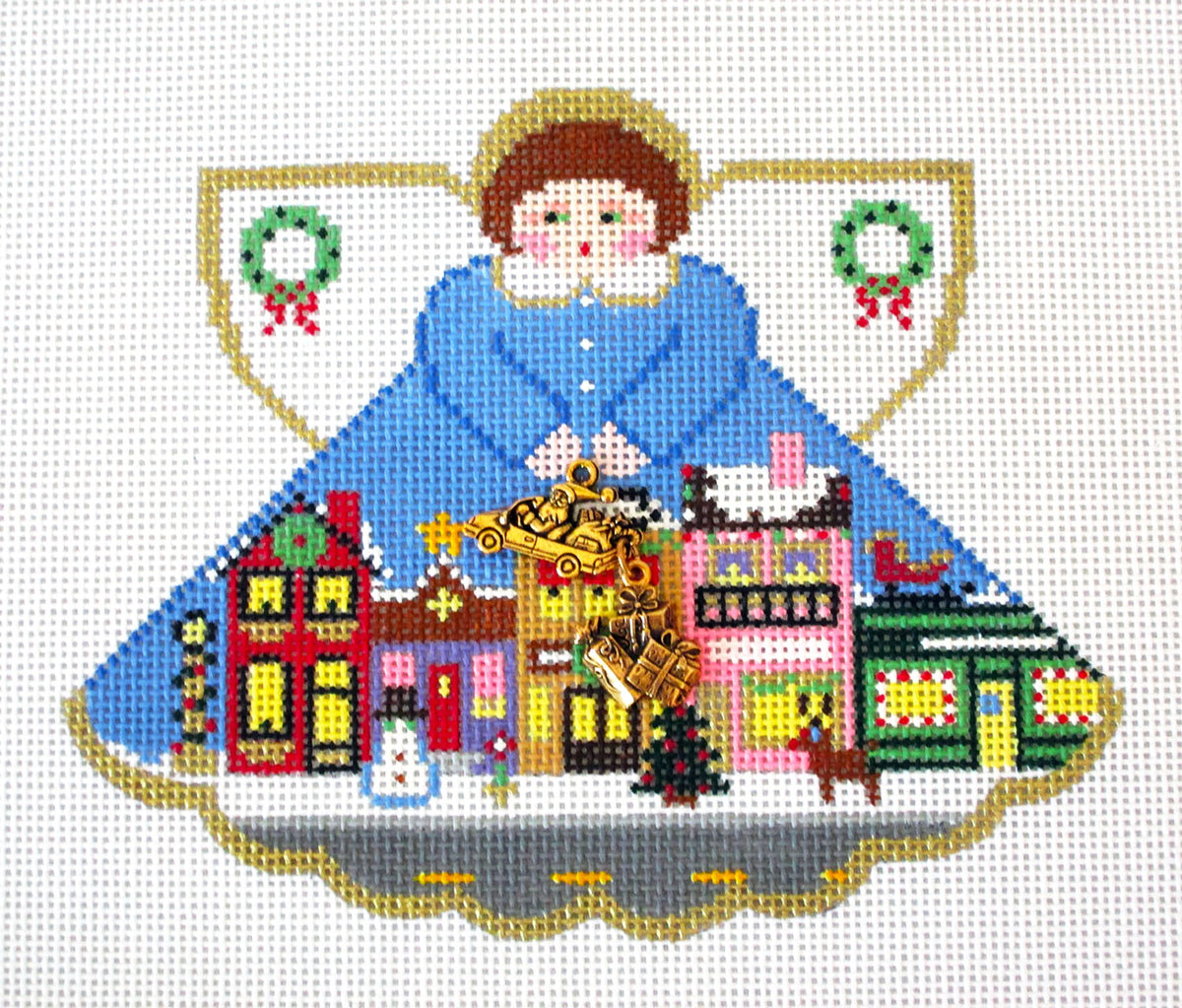 Angel ~ Christmas City Streets Angel & Charms handpainted 18 mesh Needlepoint Canvas by Painted Pony
