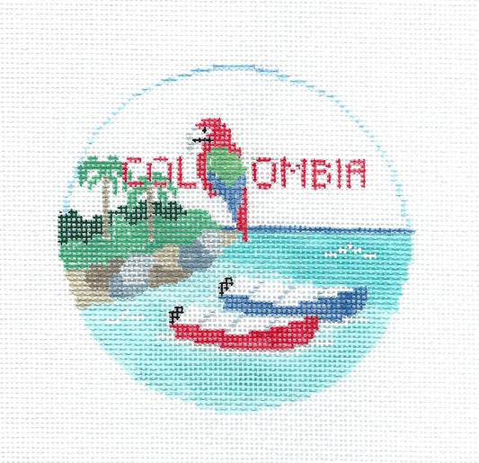 Travel Round ~ COLOMBIA, SOUTH AMERICA 4" Rd. handpainted 18 Mesh Needlepoint Canvas by Kathy Schenkel