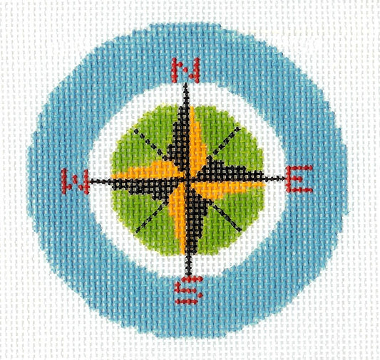 Round ~ Travel Compass Rose handpainted 18m Needlepoint Canvas 3" Rd. Ornament or Insert by LEE
