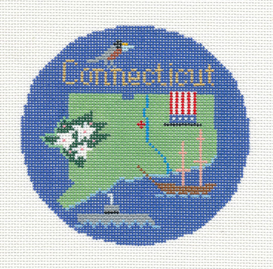 Travel Round ~ State of CONNECTICUT 18 mesh handpainted 4.25" Needlepoint Canvas by Silver Needle