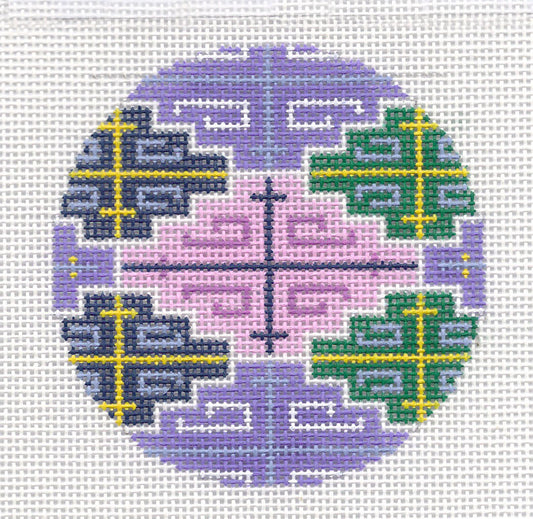 Round ~ Purple and Pink Design handpainted 3" Rd. 18 mesh Needlepoint Canvas Ornament by LEE
