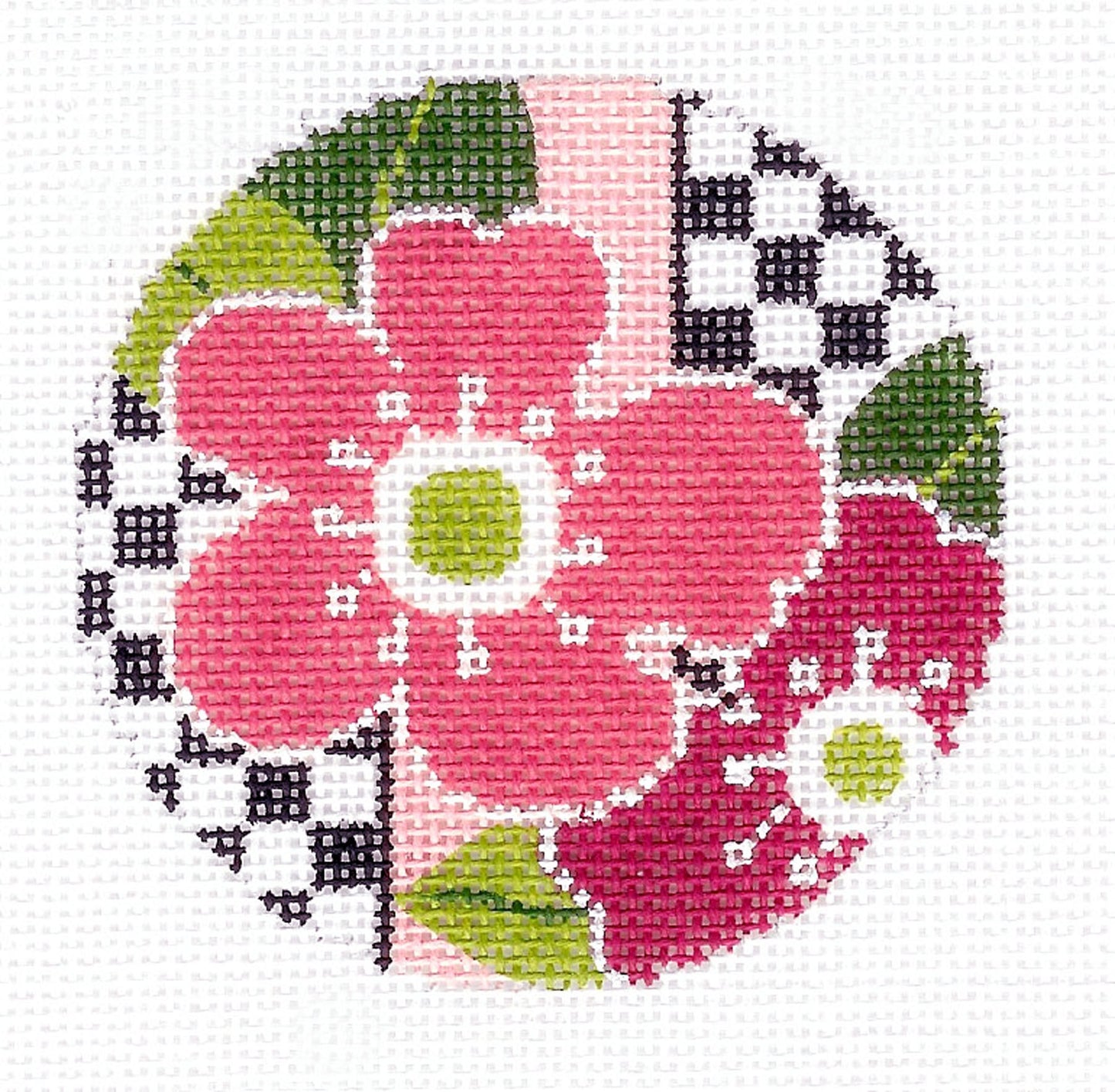 Round ~ Pink Floral Design with Black/White Checks 3" Rd. 18 mesh handpainted Needlepoint Canvas