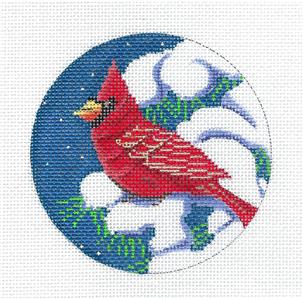 Bird Canvas ~ Cardinal in a Snowy Tree handpainted 18 mesh 4" Rd. Needlepoint Canvas Alice Peterson