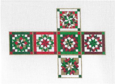 Christmas Cube 3-D ~ Quilt Carpenter Wheel Patches CUBE 3-D Ornament handpainted Needlepoint Canvas by Susan Roberts