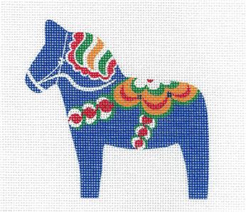 Canvas ~ DALA HORSE Blue Multi-Color Swedish handpainted 18 Mesh Needlepoint Canvas by Pepperberry Designs