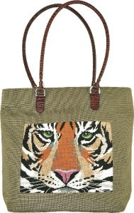 Nylon & Leather SHOPPER TOTE Khaki Purse BAG32K for Needlepoint Canvas by LEE