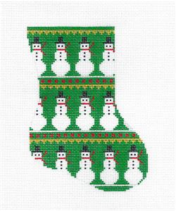 Stocking ~ Snowmen on Green Mini Stocking Ornament handpainted Needlepoint Canvas Silver Needle