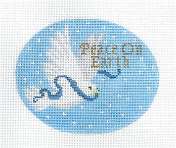 Peace Bird Oval ~ Peace On Earth White Dove with a Blue Ribbon handpainted Needlepoint Canvas Ornament by Scott Church