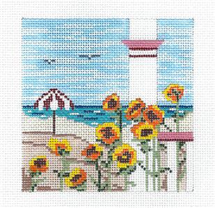 Canvas ~ Sunflowers by the Beach 4" Sq. handpainted Needlepoint Canvas Needle Crossings