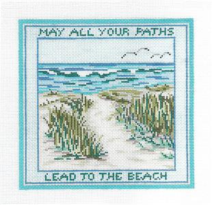 Beach Scene ~ May All Your Paths Lead to the Beach 6.25" Sq. 18 mesh handpainted Needlepoint Canvas Needle Crossings