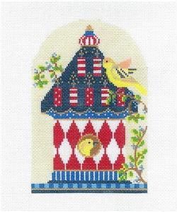 Kelly Clark ~ Birdhouse Firecracker Finch House R, W & B handpainted Needlepoint Canvas by Kelly Clark
