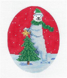 Christmas Oval ~ Polar Bear with Star & Tree handpainted Needlepoint Canvas Ornament Scott Church